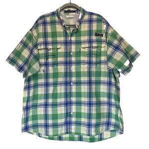 Columbia Mens Shirt Size XL Green Blue Plaid Super Bahama Button Up Vented